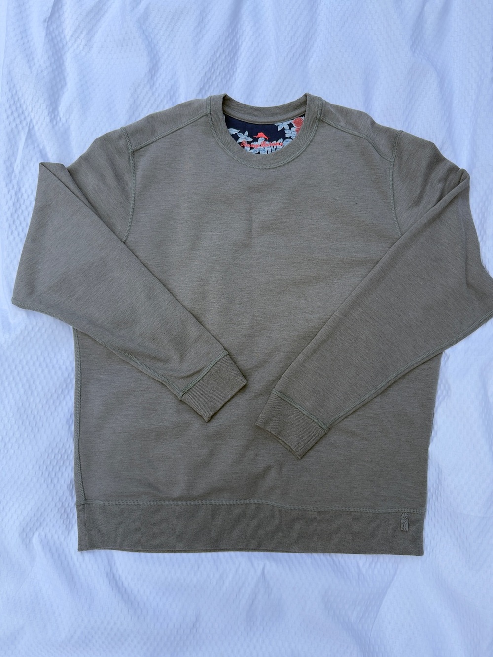 Tommy Bahama Olive Green Crewneck Sweater with Floral Interior